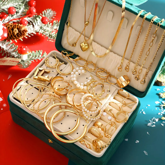 54 piece set of fashionable and luxurious vintage rings, earrings, heart-shaped necklaces, bracelets, and multiple jewelry sets
