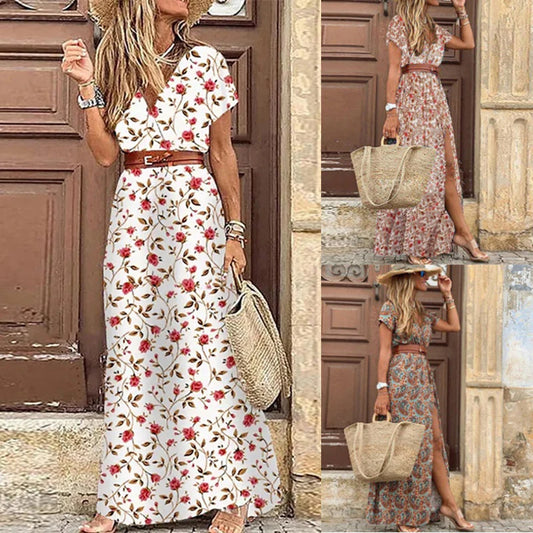 Women Summer Trend Holiday Dress Sexy Casual Elegant V-Neck High Slit Irregular Retro Vintage Print Slim With Belt Midi Dress