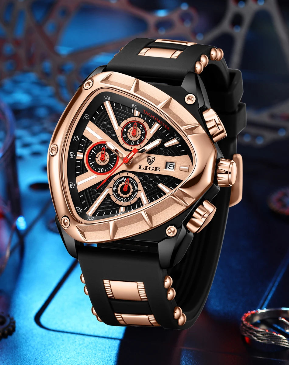 LIGE Sports Triangle Mens Watches Luminous Pointers Fashion Rubber Strap Military Irregular Quartz Wristwatch Waterproof  Watch