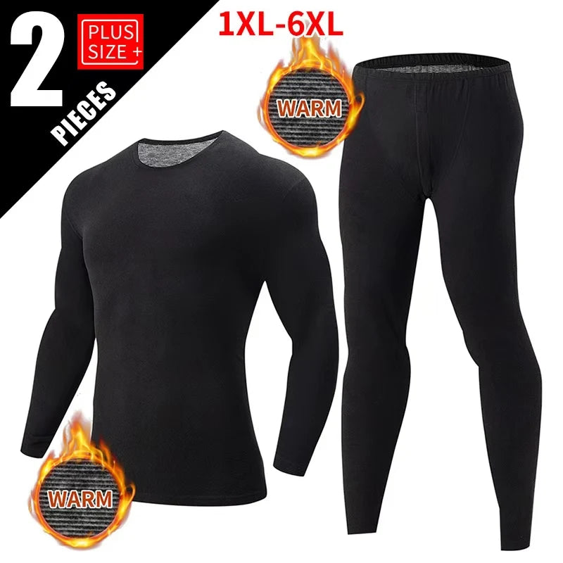 2-piece Autumn And Winter Men's Plus Size 1xl-6XL Thermal Underwear Set For Obese Men Black Plus Fat Long Sleeved Top And Pants