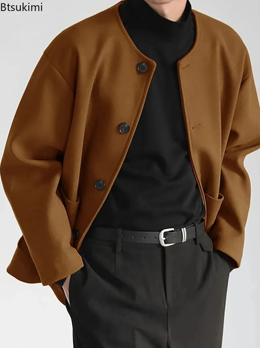 Korean Style Popular Double Side Jackets for Men Light Luxury Solid Fashion Button-up Neckless Woolen Coats Men Leisure Jackets