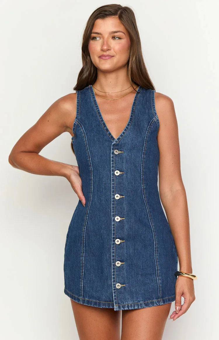 Denim Dress Women Mid Length Dresses Vest Vestidos Y2k Streetwear Elegant Splice Party Night Work V Neck Sleeveless Tight Waist