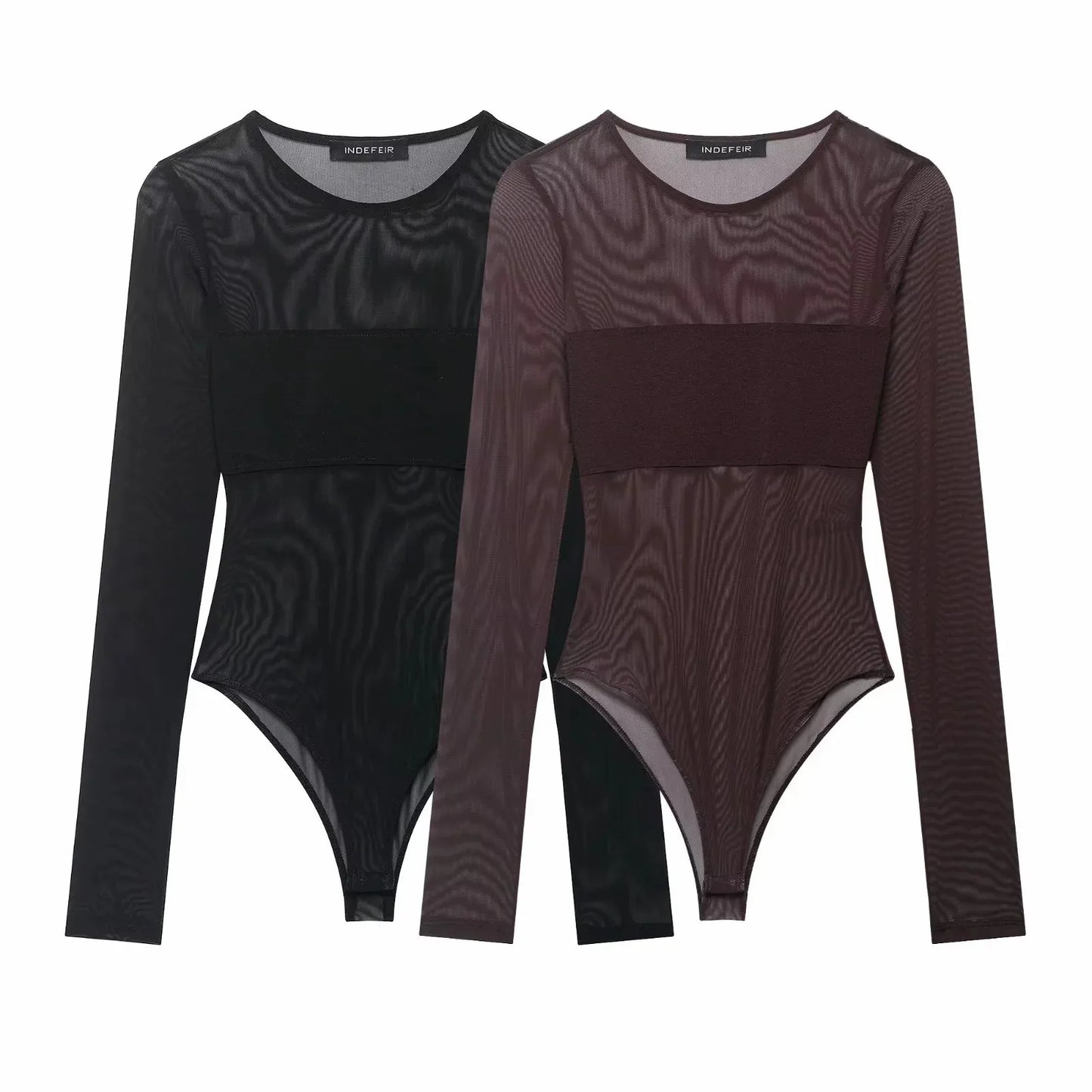 Women Sexy Mesh See Through Bodysuit Women Long Sleeve Sheer Bodysuits O Neck Bodycon Jumpsuit Female Romper