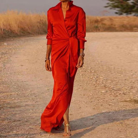 Maxi Dress Women Turn Down Collar High Waist Long Sleeve Party Dress Boho Shirt Dresses For Women Elegant Robes Plus Size