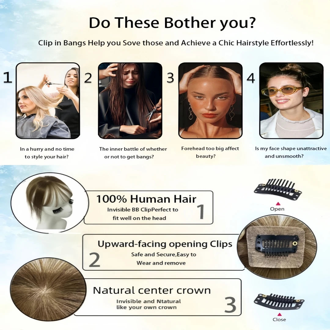 360° Coverage Natural Black Human Hair Bangs Clips in Hairpieces for Women False Natural Bangs with Thinning Hair Extensions