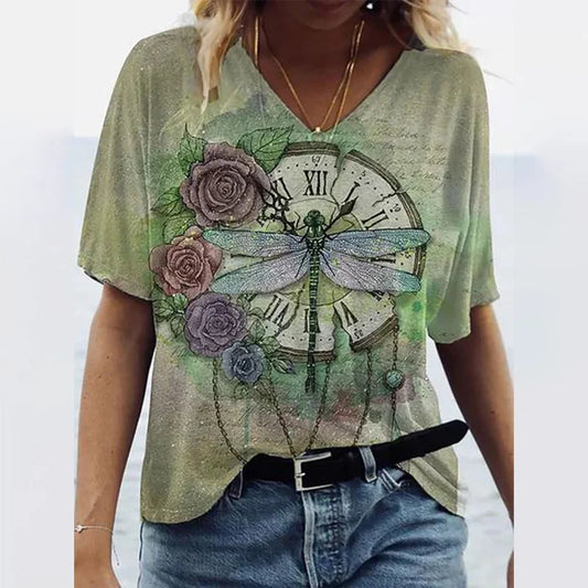 Summer Refreshing Color Women's T-Shirt Fashion Floral Print Breathable V-Neck Short Sleeve Tees Oversize Casual Female Clothing