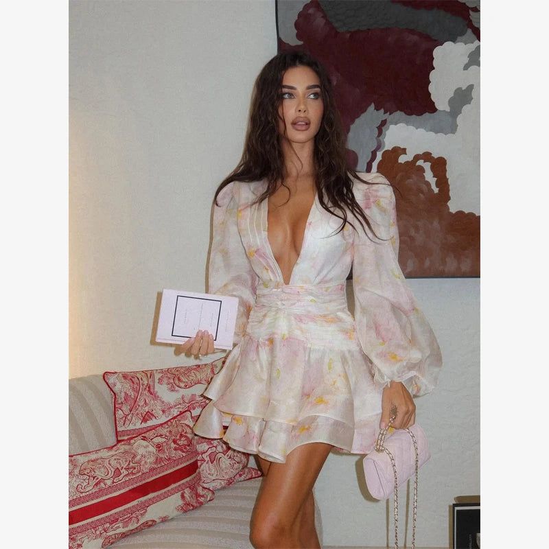 Elegant Floral Printed Waist-cinched Mini Dress Women Pleated Deep V-neck Long Sleeve Button-front Dresses Fashion Party Robe