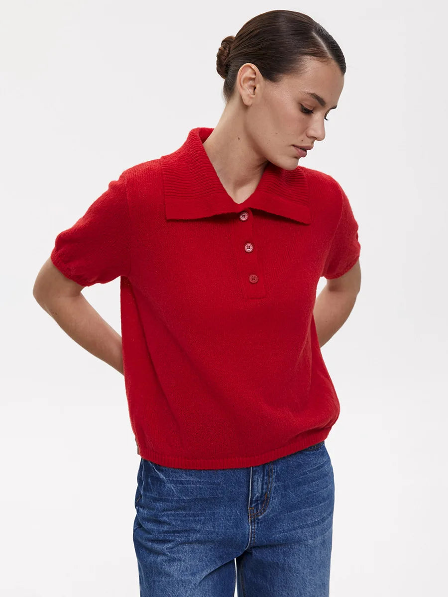 Bronladies Women's Polo Hollow Knitted Short Sleeved Sweater Spring Summer Bubble Sleeve T-shirt Female Simple Knitted Sweater