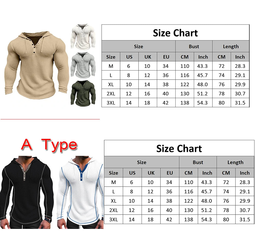 Spring Solid Color Slim Fit Long Sleeved T-shirt, Men's Hooded Breathable Sports Top, Waffle Cotton Casual Long Sleeved Shirt