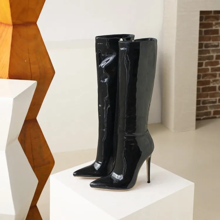 Winter Short Plush Long Boots For Ladies Black Pointed Toe Knee-High Boots Large Size Shoes Fashion Women Career High Heels 46