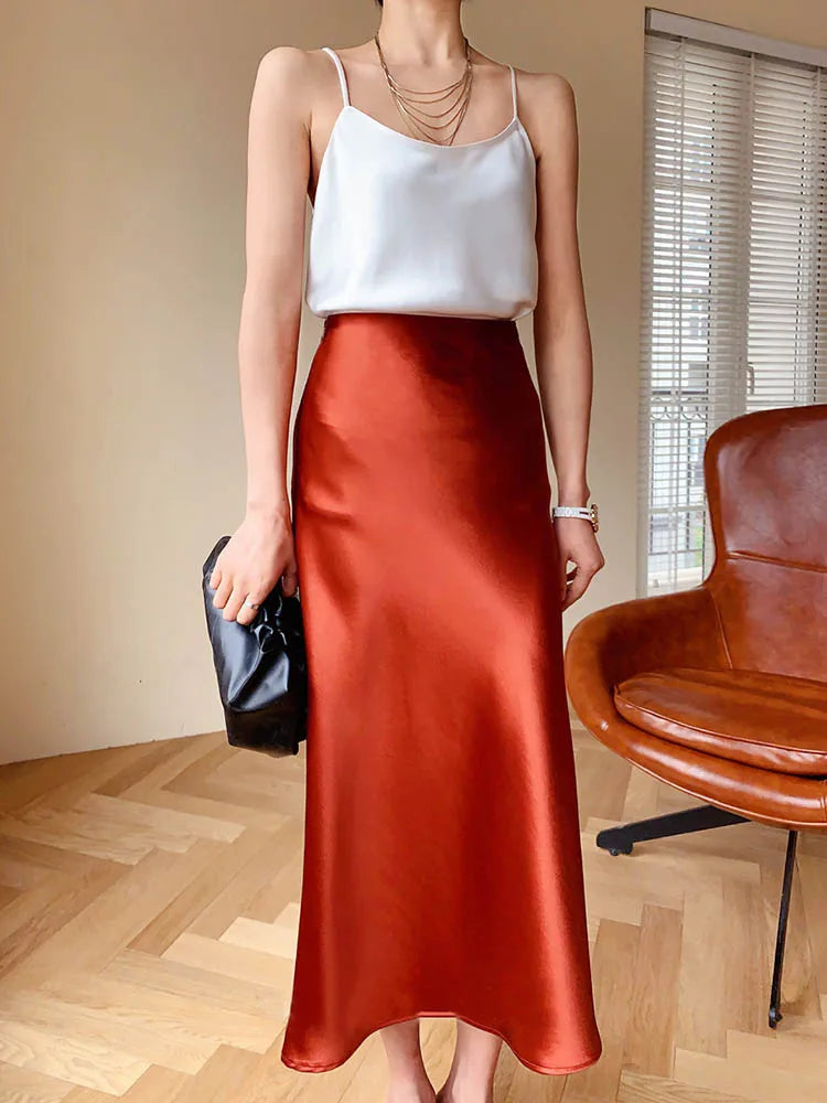 Elegant Women's Skirts High Waist Silk Satin A-line Skirt Lady Fashion Solid Color Purple Long Skirts for Women Fashion 2026