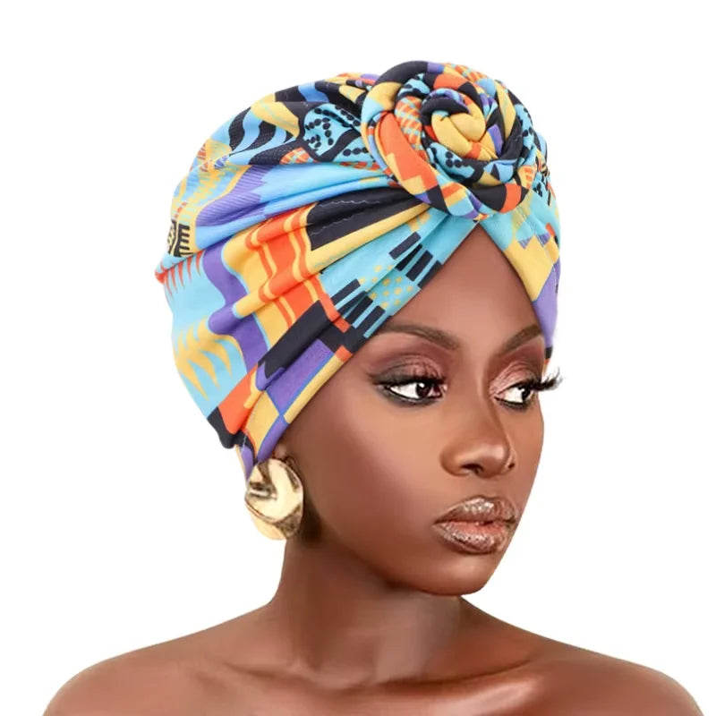 New African Knot turban Trend Floral Beanie Pre Tied Front Knot Elastic Head Wrap Elegant Women Chemo Cap Bandana Headwear