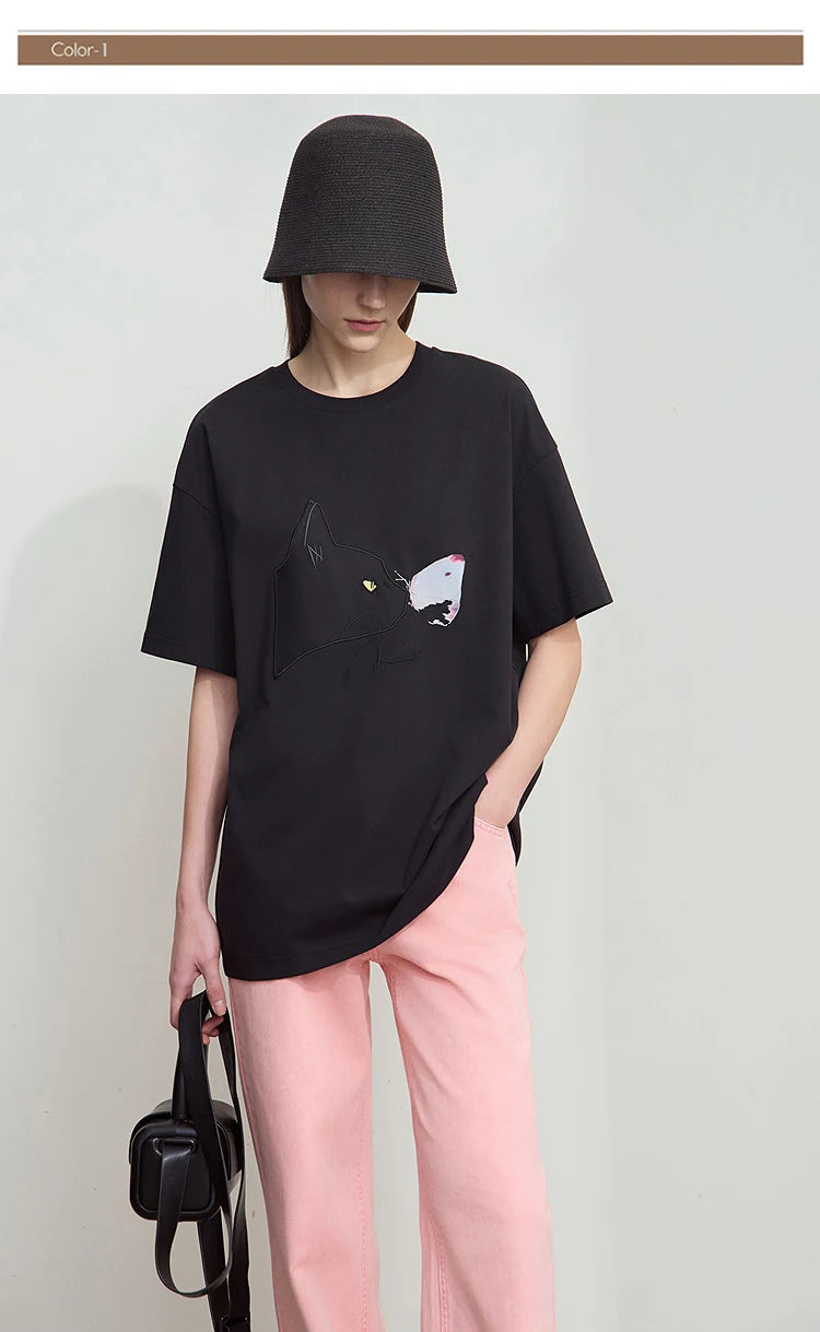 AMII Summer Casual T-shirt for Women 2025 Print Round Neck Short Sleeve Shirts Lady Fashion New Loose Clothes Woman 12522007
