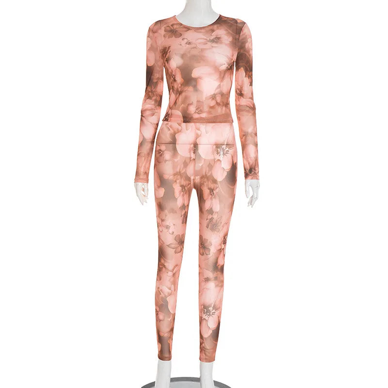 Sexy Streetwear Floral Print Outfits Long Sleeve Tops and Skinny Pants Matching Set Y2k Women's Clothes Night Out 2 Piece Sets