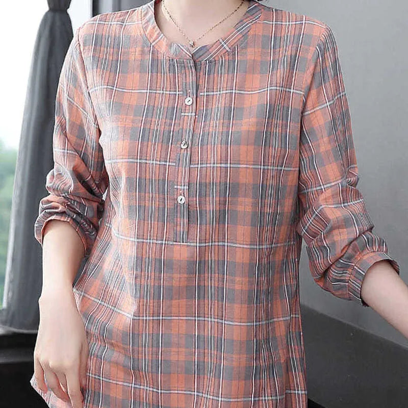 Fashion All-match Round Neck Plaid Shirt Women's Clothing Summer New Vintage Casual 3/4 Sleeve Button Spliced Pullovers Blouses