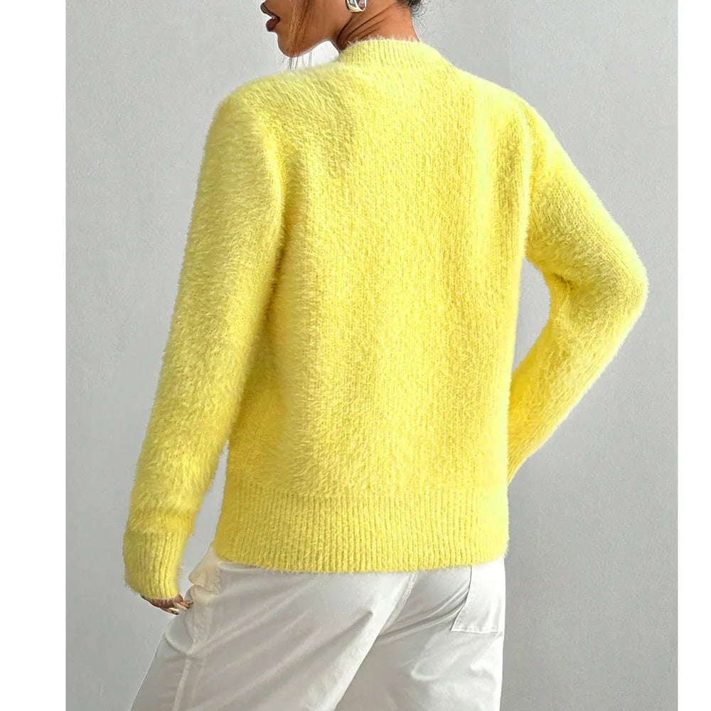 Autumn Winter Fashion Yellow Cardigan Women Heart Button Long Sleeve Knit Sweater Outerwears