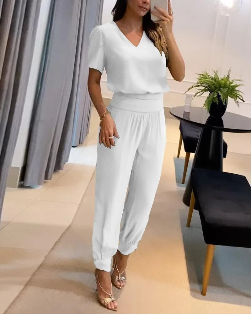 New Women's Summer Tracksuits Pant Sets Fashion Casual V-neck Print Short Sleeve T-shirts and Trousers 2 Piece Sets Women Outfit