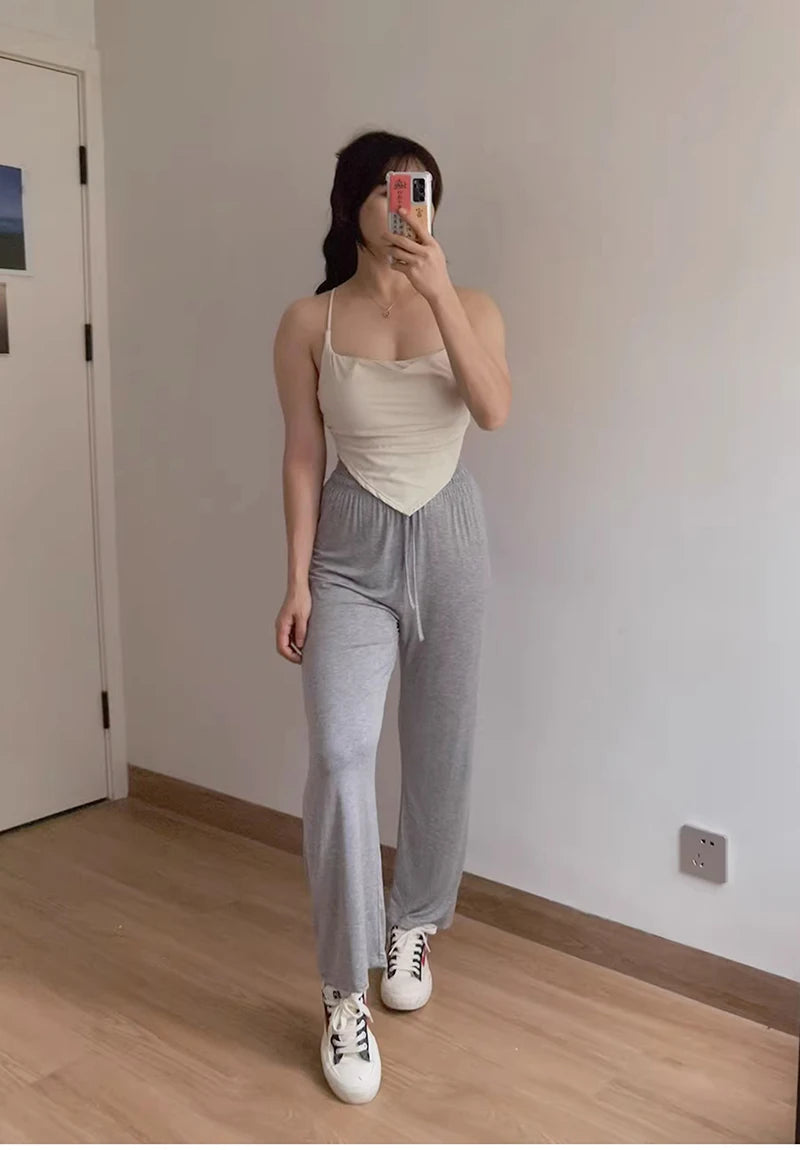 BIVIGAOS Summer Drawstring Ultra-thin Modal Wide Leg Pants Women High Waist Drape Casual Sport Pants Gray Sunscreen Fitness Pant