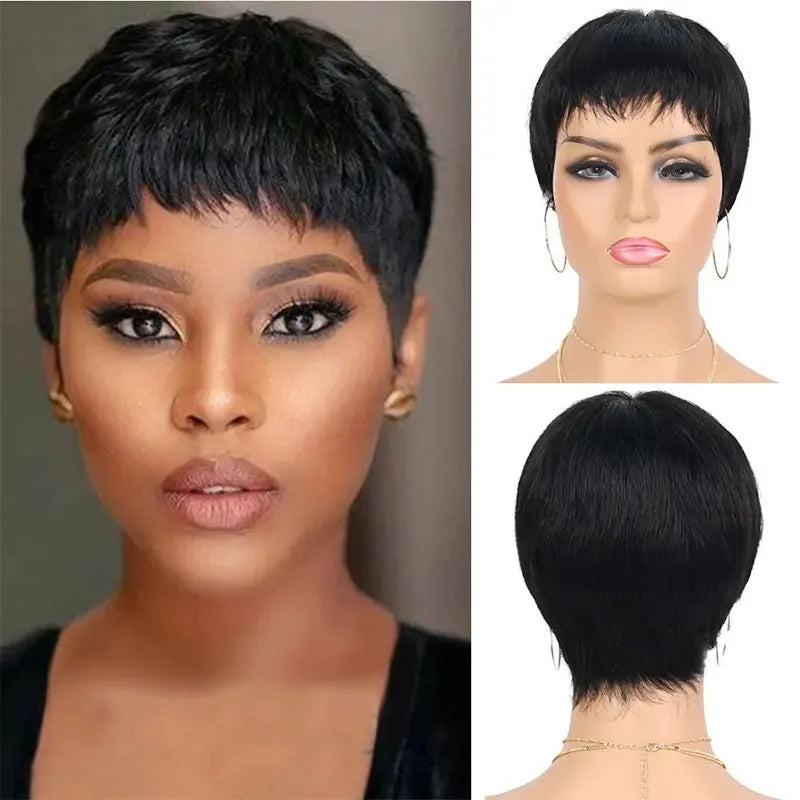 Pixie Cut Wig Human Hair Short Pixie Cut Wigs with Bangs for Black Women Straight Full Machine Made Natural Color