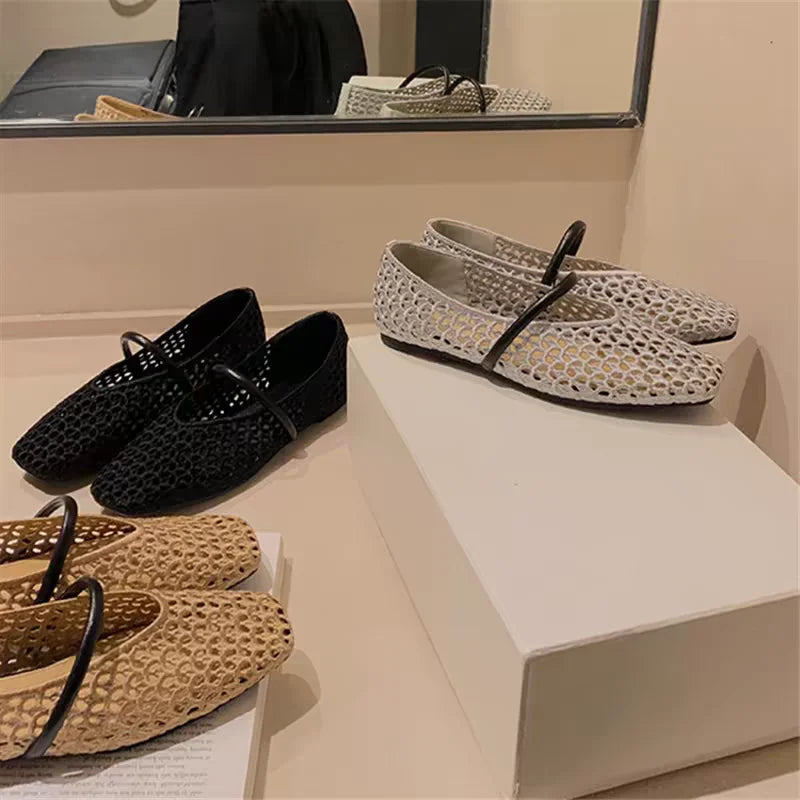 2025 zapatos de Ballet de malla hueca para mujer, sandalias transpirables Mary Jane con cabeza cuadrada, calzado con correa