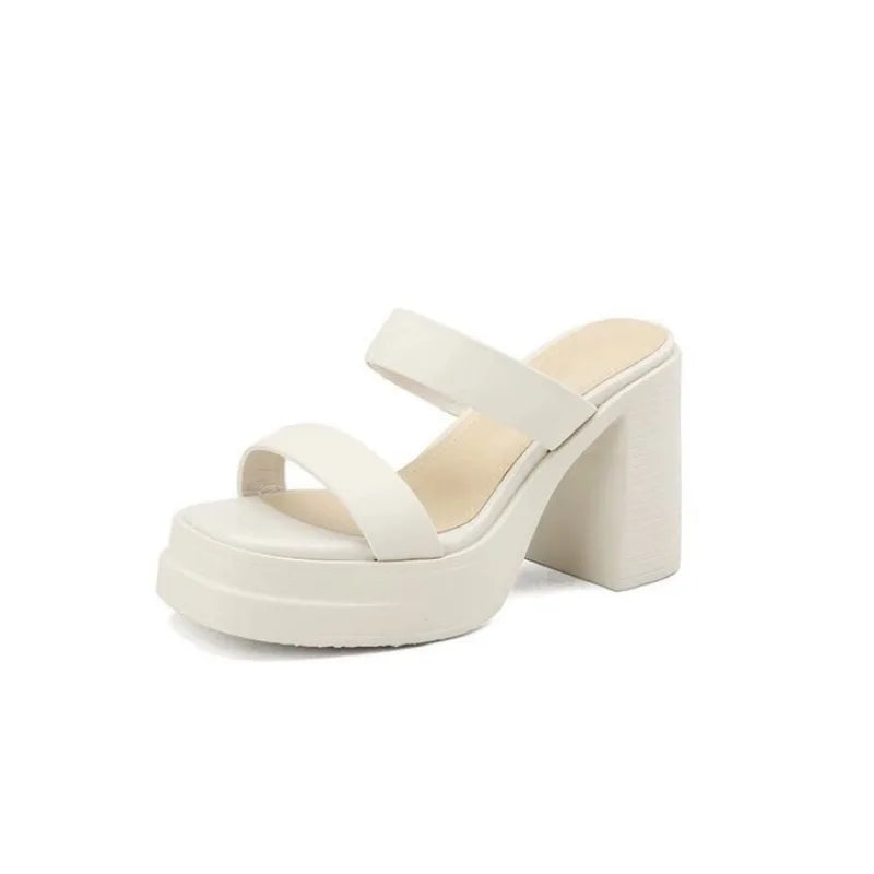 Meotina Ladies Square Toe Platform Block High Heels Slide Ladies Fashion Casual Slippers Summer Spring 40