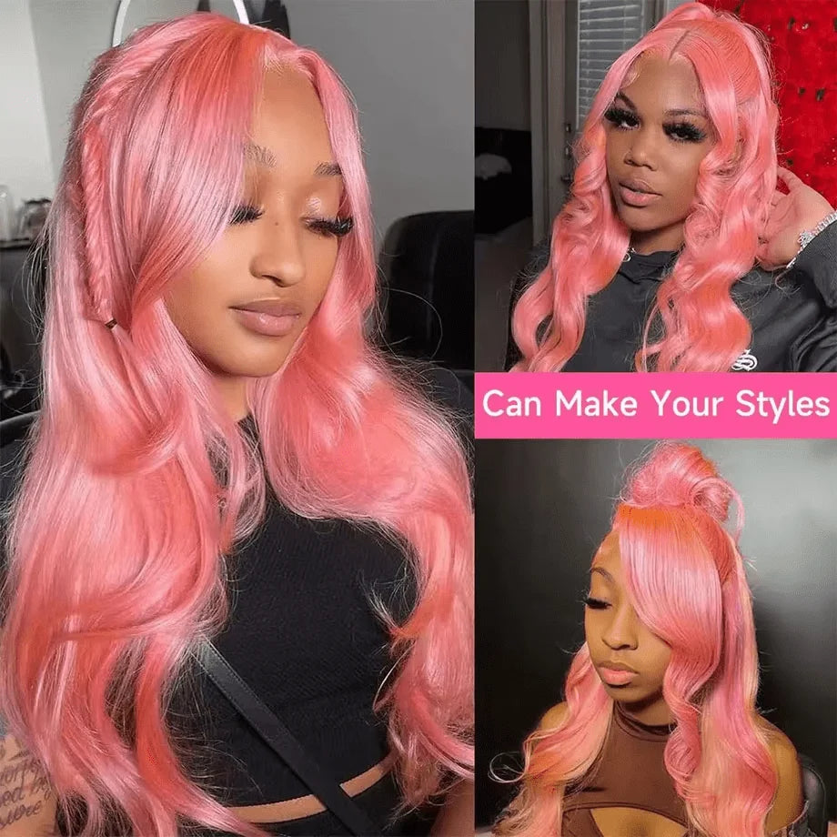 13x6 Pink Body Wave Lace Front Wigs For Women Long Wavy Hair Wig Soft Lace Wig With Natural Hairline Human Hair Party Cosplay