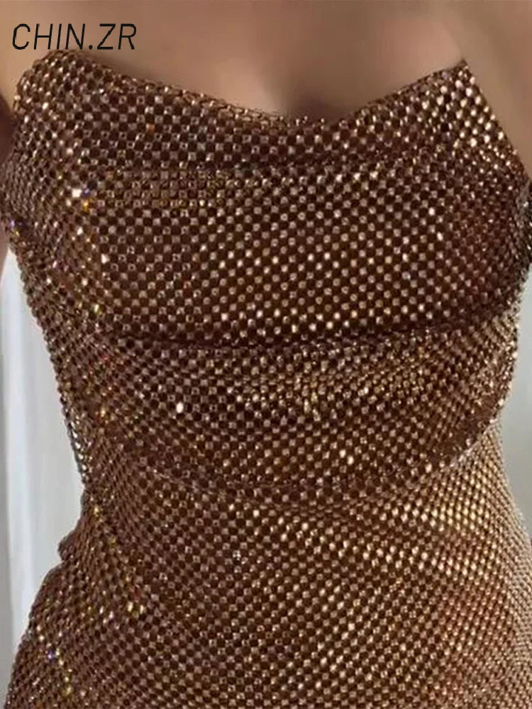 Sexy Rhinestone Strapless Vest Mini Skirt Sets Women Pleated Sleeveless Backless Tops Short A-line Skirts 2025 Summer Lady Suits