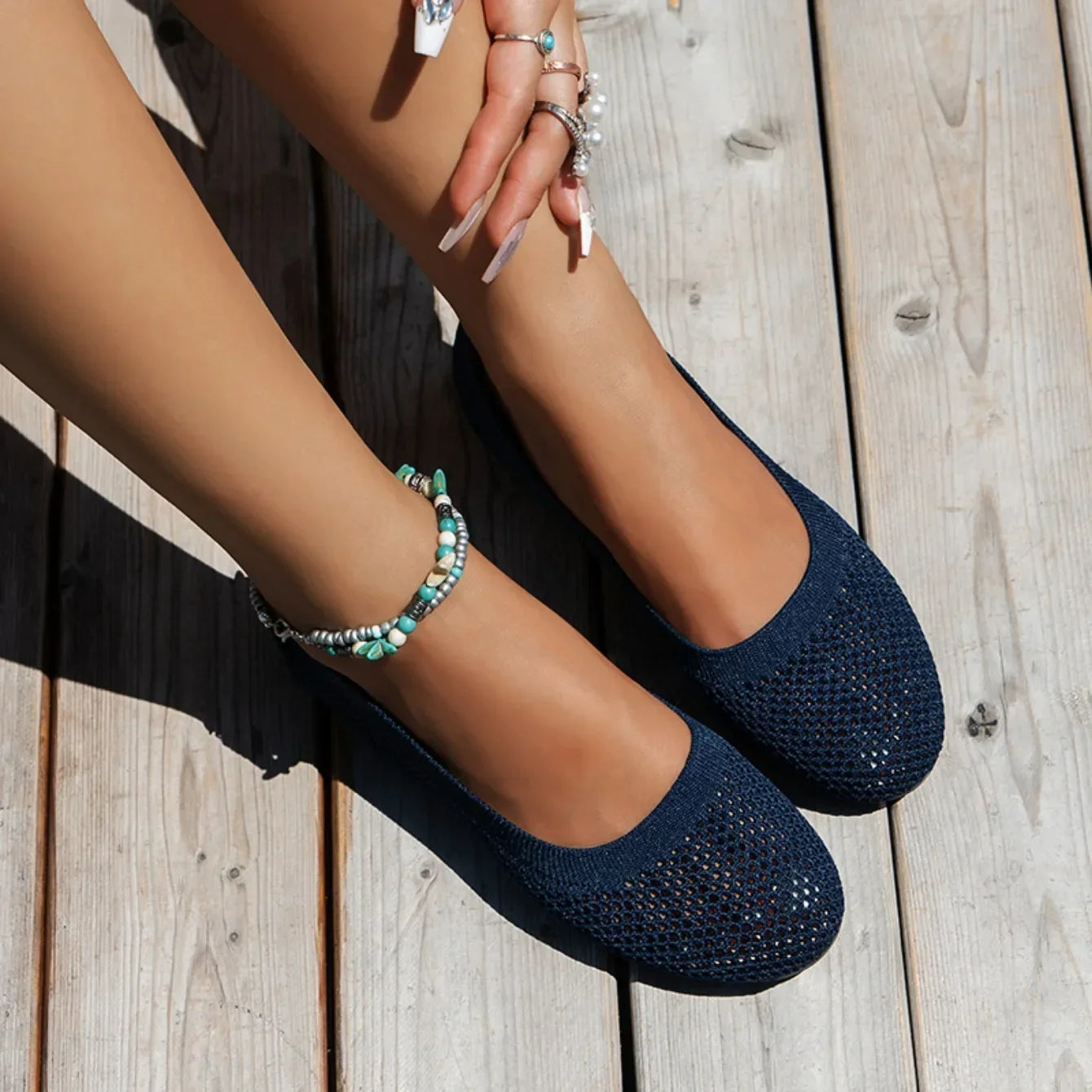 Women Round Toe Flat Shoes Solid Color Knitted Slip on Shoes Casual Breathable Ballet Flats Women Mesh Flat Shoes Loafers Woman