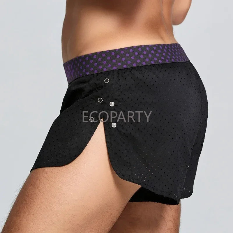 Summer new woven pure cotton Aro pants with side split button design, breathable mesh single-layer sleeping pants for men