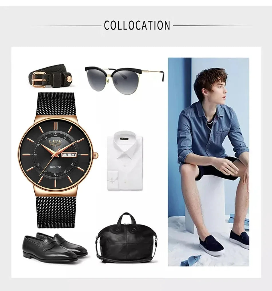 LIGE Fashion Man Watch Waterproof Sport Calendar Quartz Watch Men Top Brand Luxury Steel Strap Men's Watches Relogio Masculino
