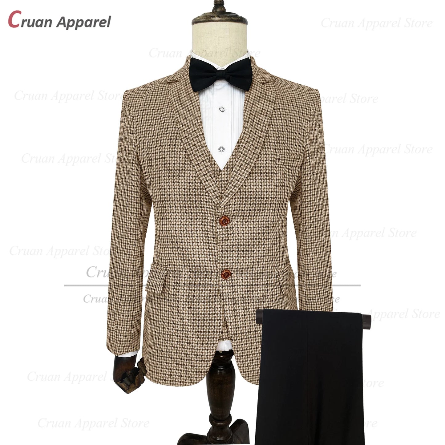 Classic Brown Suit Sets For Men Fashion Checkered Blazer Vest Pants 3 Pieces Formal Party Tailor-made Elegant Slim Fit Costumes