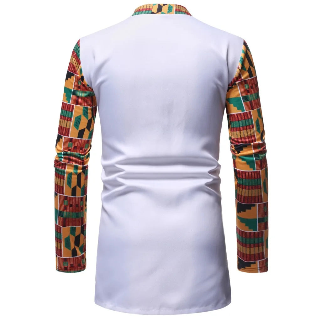 African Style Men's Two Piece Sets Fashion Patchwork Design Stand Collar Long Sleeve Shirt and Pants Male African Dashiki Outfit