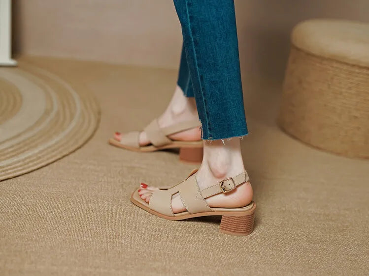 2025 Summer Women Shoes Square Toe Chunky Heel Women Sandals High Heels Ladies Shoes Casual Leather Shoes Women Genuine Leather