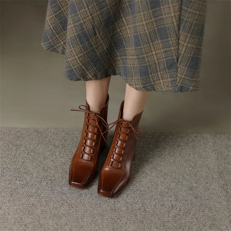 2026 Fashion Women Shoes Split Leather Short Boots Square Toe Chunky Boots Winter Shoes Women Solid High Heel Boots for Women