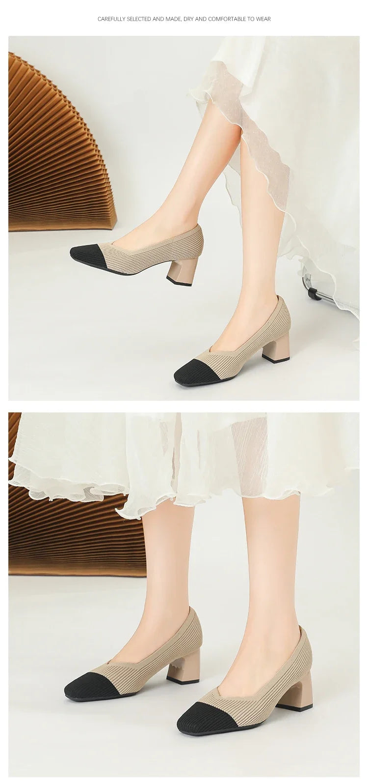 Shoes Woman High Heels Comfortable Square Knitted Breathable Comfortable Women's Flats Shoes (5cm High) 2025 New Collection