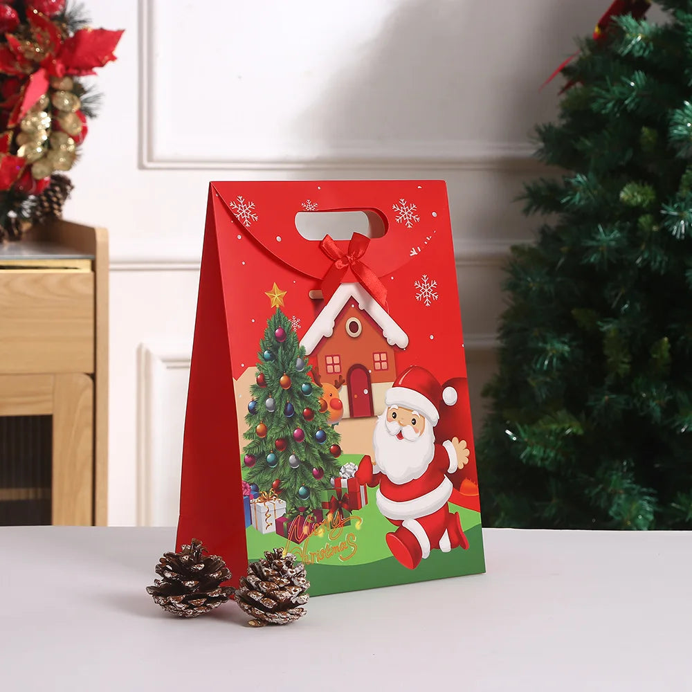 4pcs/12pcs Christmas Paper Red Bag With Ribbon Candy Gift Bags Wrapping Chocolate Desserts Snack Spring Festival Suppily