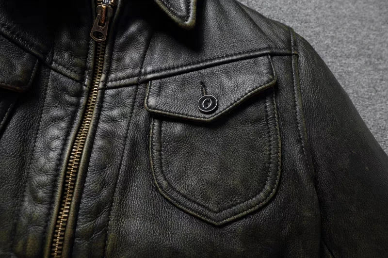 American Leather Jacket Men's Motorcycle Jacket Retro Distressed Graphite Olive Green Slim Lapel Jacket New Style