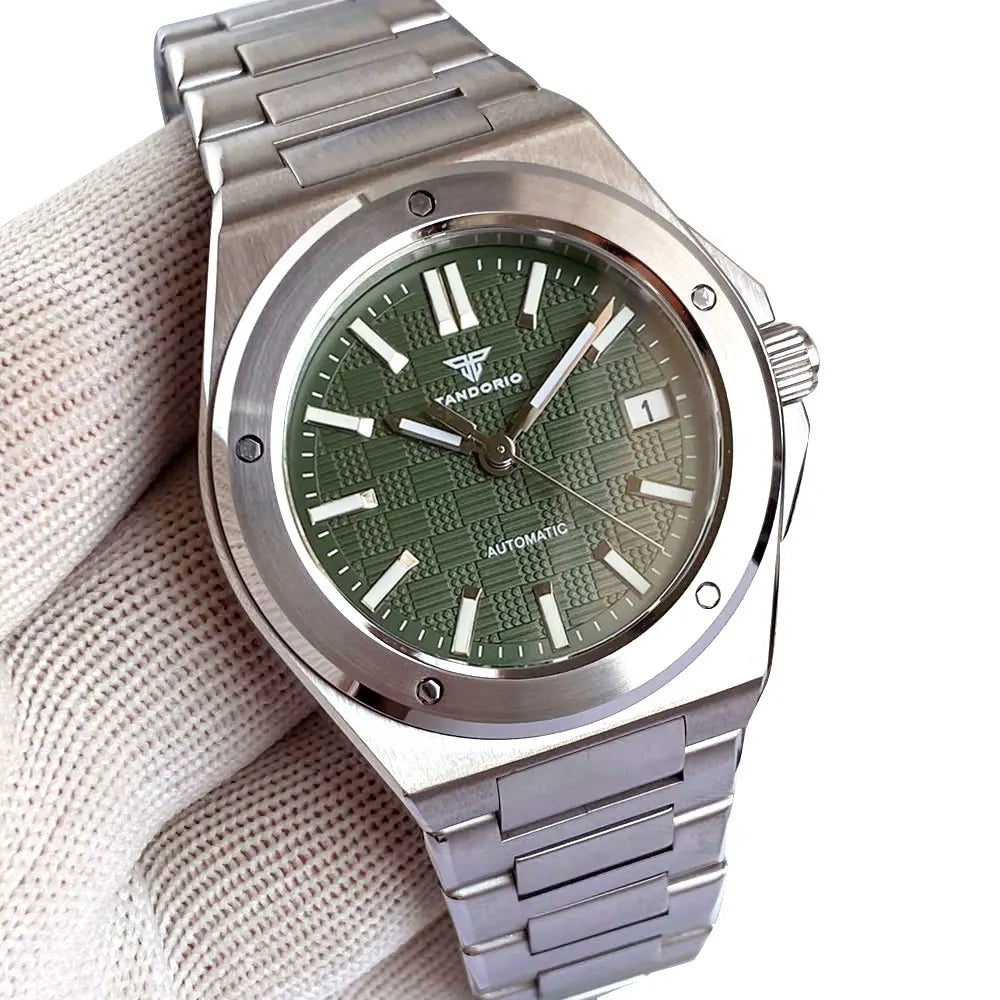 Tandorio NH35 Men Automatic Mechanical Watch Sapphire Crystal Glass 100m Waterproof Green Lume Black Square Block Dial Men Watch