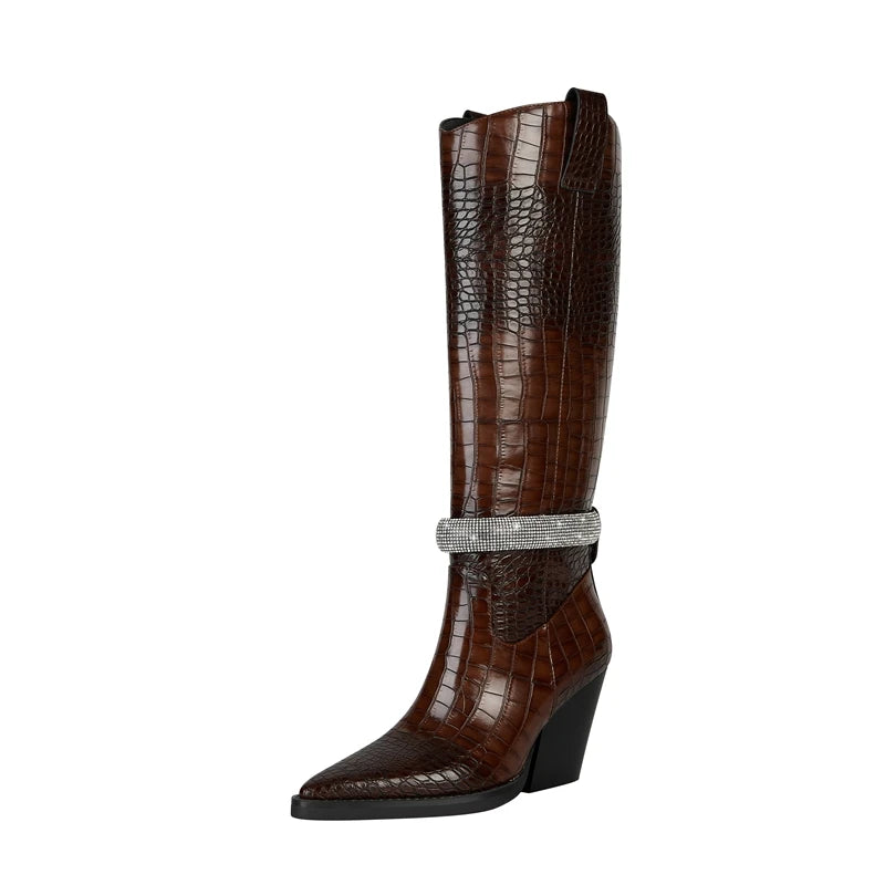 Kaky's New Water Diamond Pointed Thick High Heels Oversized Women's Boots Long Boots High Barrel Boots Western Boots 44 45 46