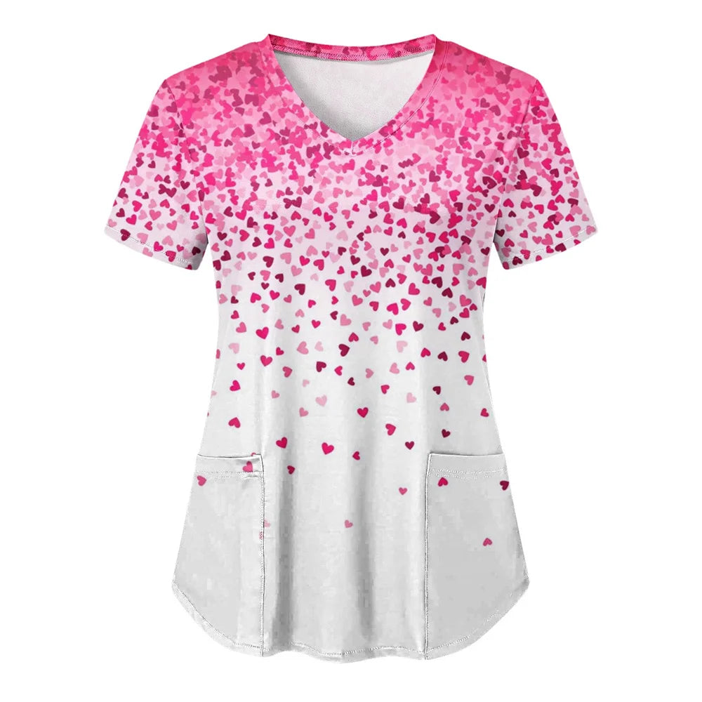 Tops Women Scrub Nurse Print Short Sleeve Cartoon V-Neck Tops Working T-Shirts Heart Print Healthcare Tunic Carers Workwear Tops