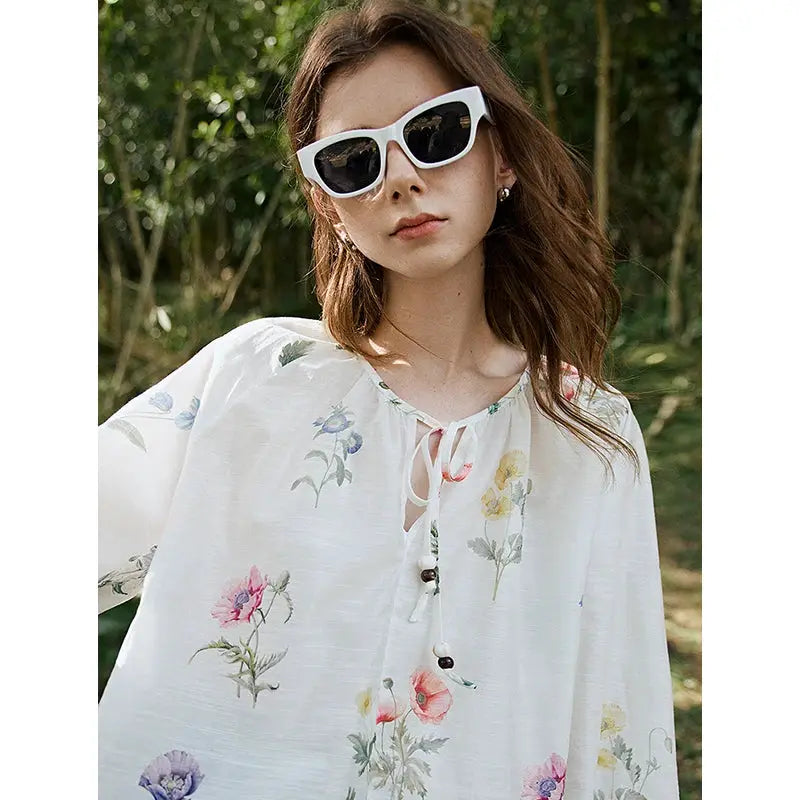 TOYOUTH Women Blouse Shirt 2025 Spring New Linen Floral Printed Velvet Casual Pullover Tops BAZAARHUBO