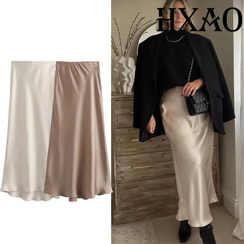 HXAO 2025 Skirts For Women Black Satin Skirt Summer Elegant Women's Midi Skirts High Waist Smooth Skirts Green Flare Skirt 088