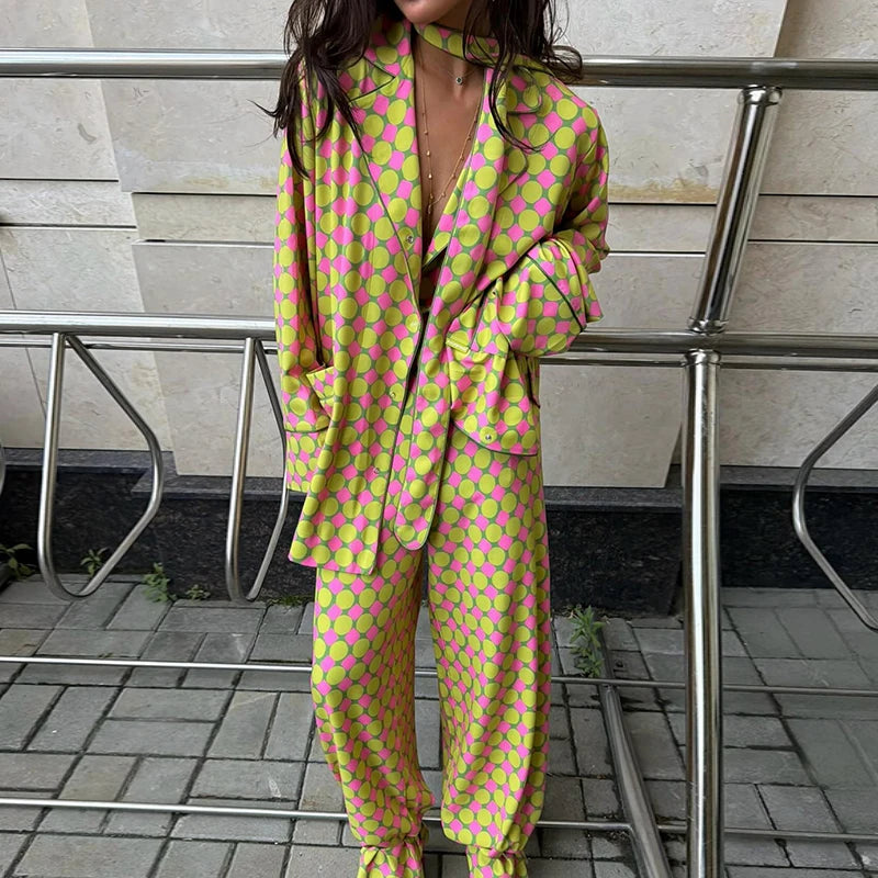 Casual Plaid Women's Blazer Pant Suits Scarf Collar Long Sleeve Button Shirt Pleated Wide Leg Trousers 2026 Summer Female Set