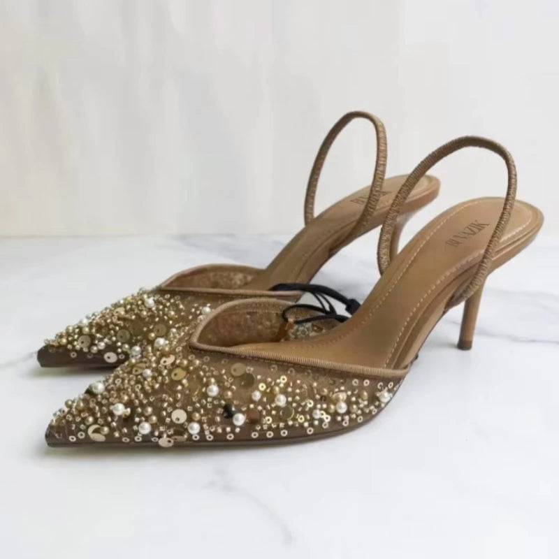 Brand High Heeled Formal Party Shoes for Lady Luxury Sequin Pearl Stiletto Elengat Mesh Slingbacks 2026 Women Modern Sandals