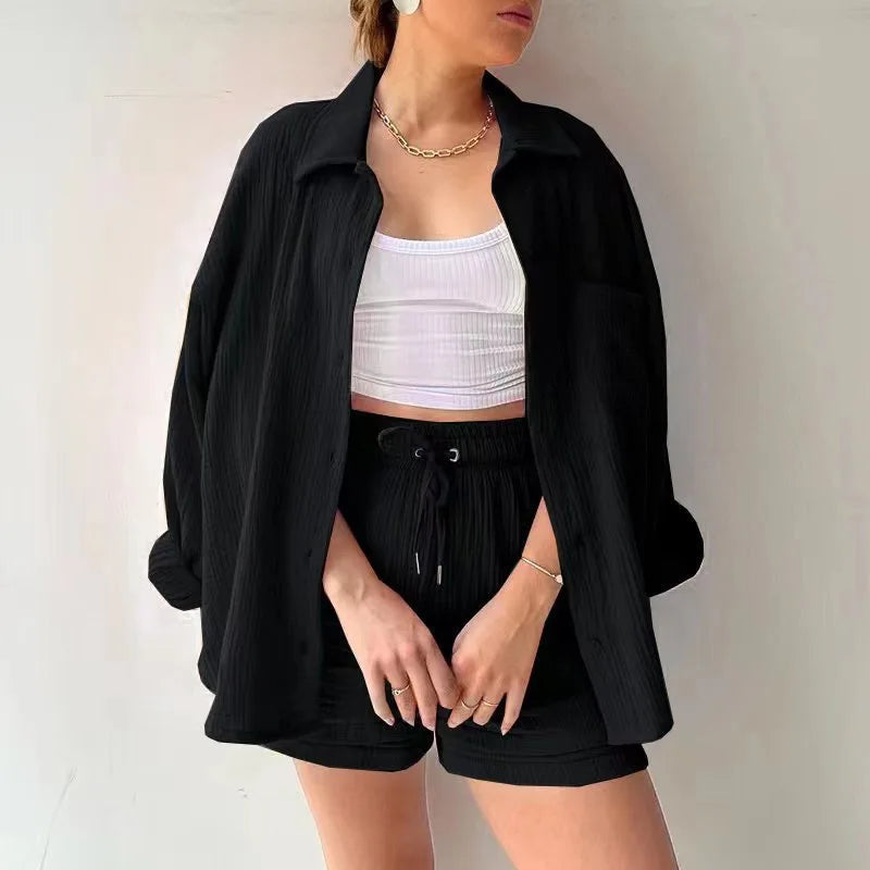 Casual Sleepwear 100% Cotton Pajamas For Women Sets Suit Turn-Down Collar Nine Quarter Sleeve Sleep Tops Shorts Female Homewear