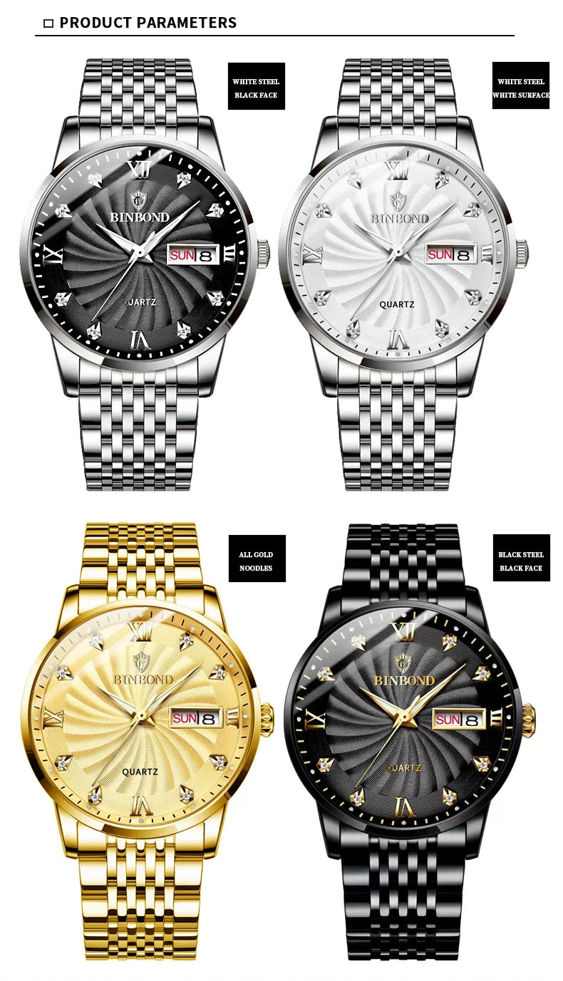 BINBOND Quartz Watches for Men Luxury Luminous Waterproof Precise Auto Date Week Display Men's Watch Casual Sturdy Reloj
