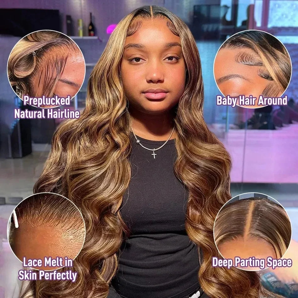 30 40 Inch 4/27 Highlight Body Wave 13x6 Lace Front Wig Brown Color 13x4 HD Lace Frontal Wig Ombre Blonde Human Hair Wig
