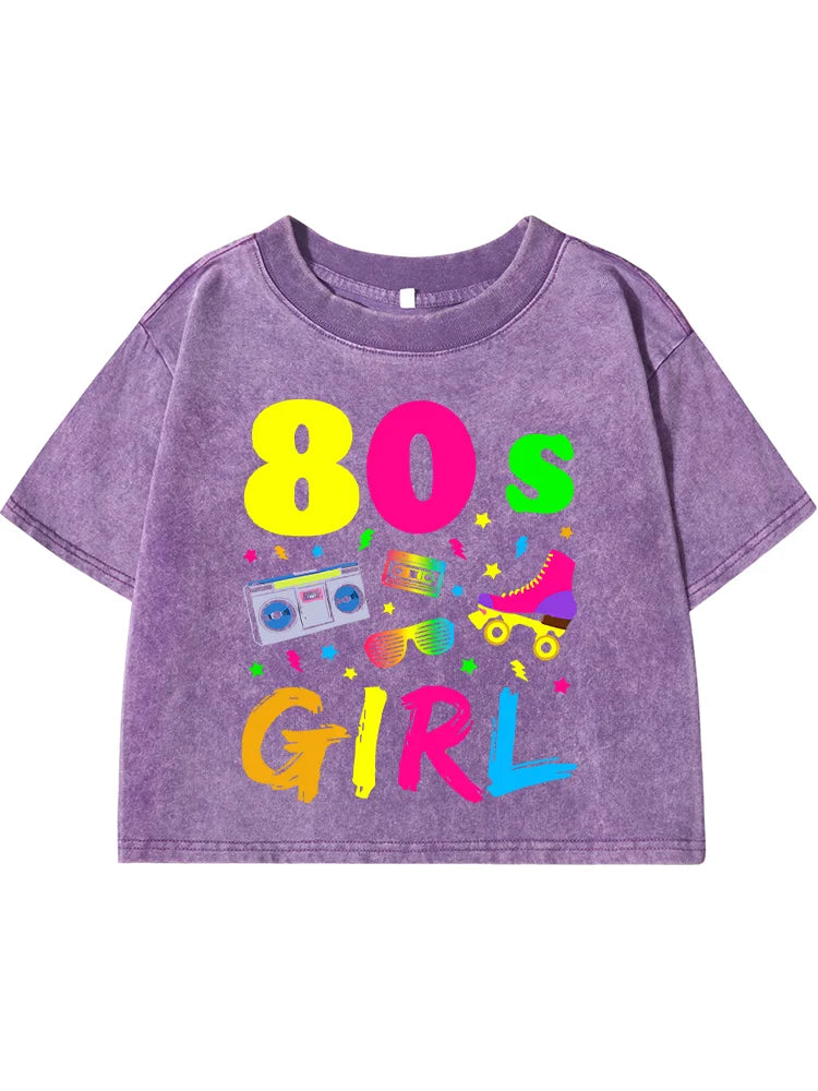 80 S Girl Colorfulprinting Female Washed Short Tshirt Breathable Summer T Shirt Casual Fashion Midriff-Baring Distress Tops