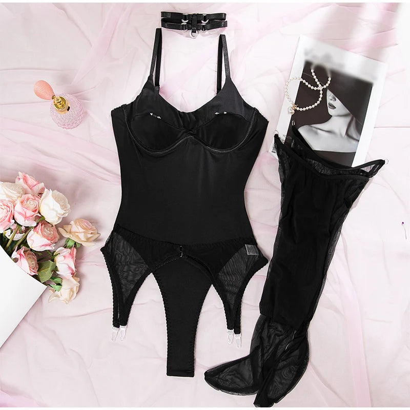 Sexy Bodysuit Set Tight Fitting Hot Girl Jumpsuit Highlight Body Shape Temptation Four Piece Set With Stockings Ballroom Attire