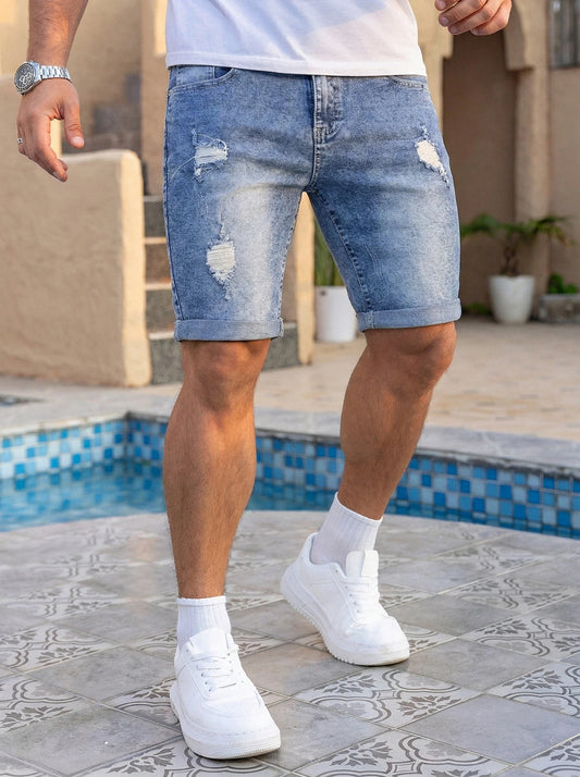 Men Pants Jeans Clothing Denim Trousers Shorts Men's Summer Medium Wash Ripped Distressed Denim Shorts Casual Streetwear Rolled